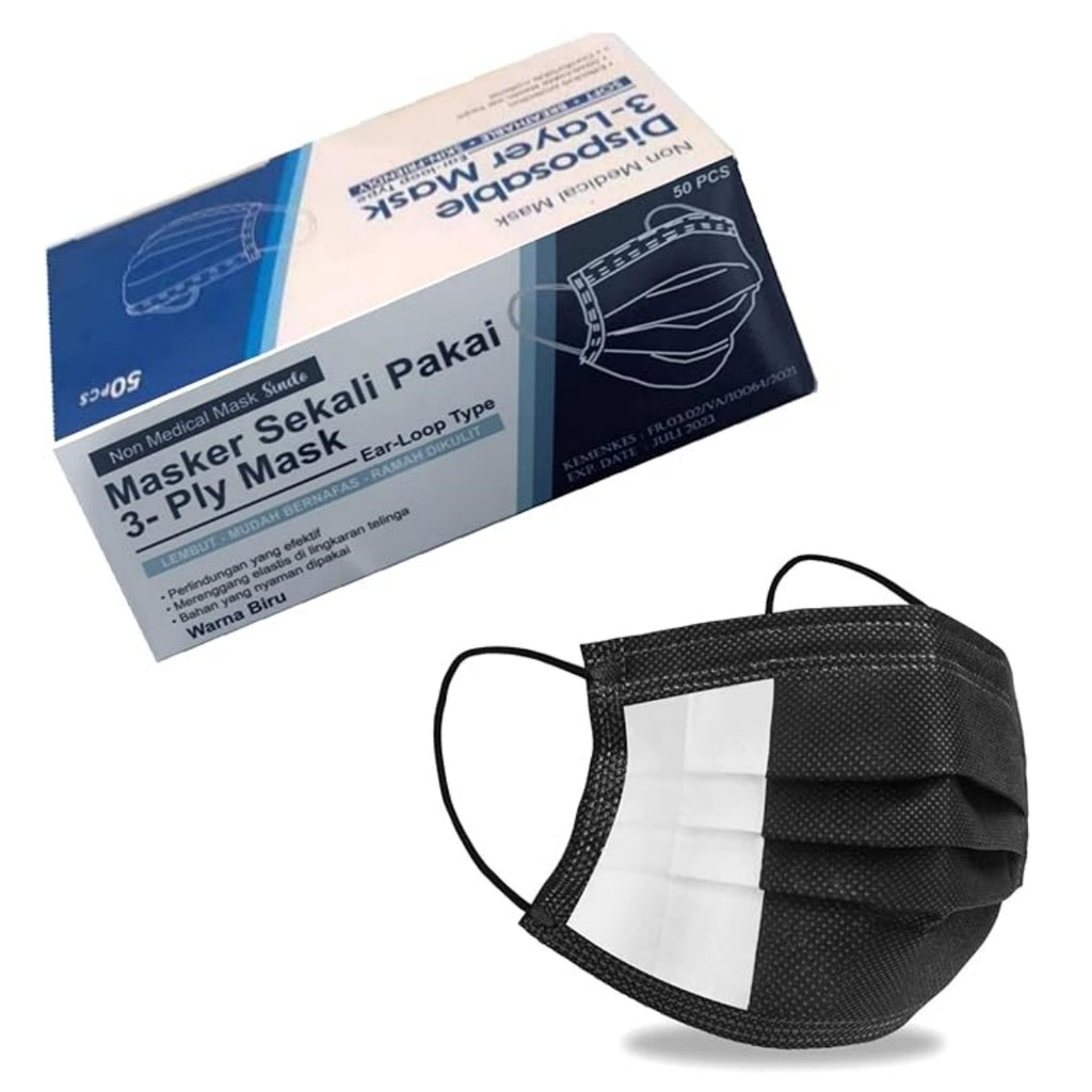 Black Disposable Face Masks 50 Pack, 3-Layer Breathable Earloop Masks for Adults, Soft Non-Woven Face Covering, Black