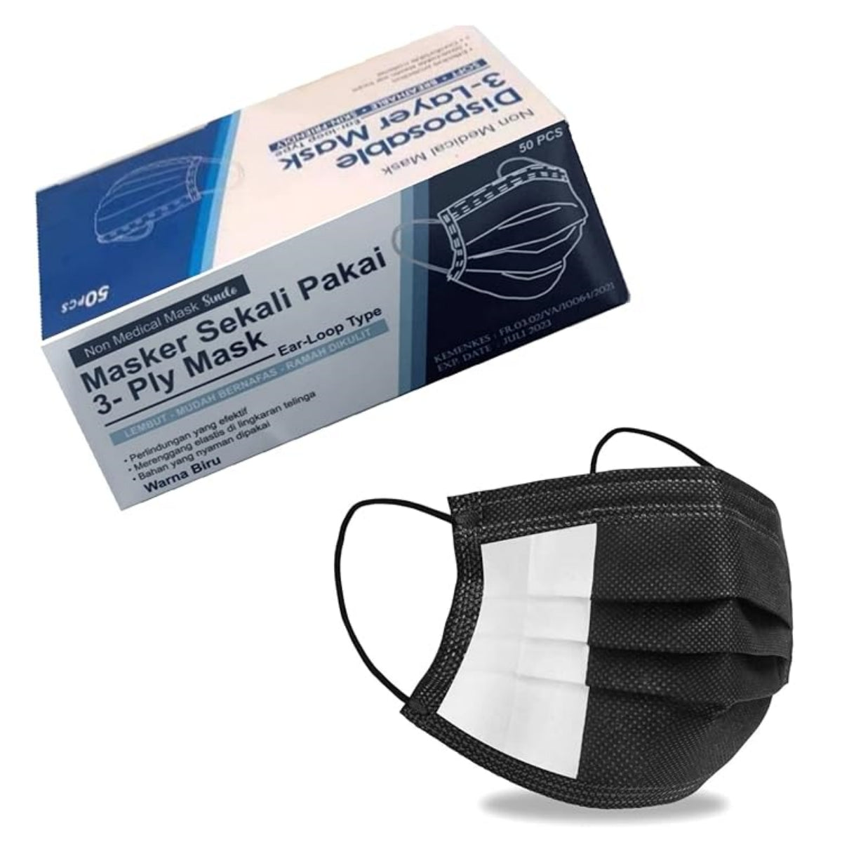 Black Disposable Face Masks 50 Pack, 3-Layer Breathable Earloop Masks for Adults, Soft Non-Woven Face Covering, Black