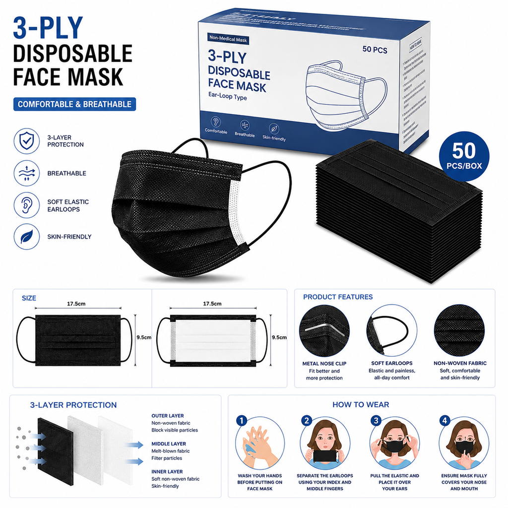 Black Disposable Face Masks 50 Pack, 3-Layer Breathable Earloop Masks for Adults, Soft Non-Woven Face Covering, Black