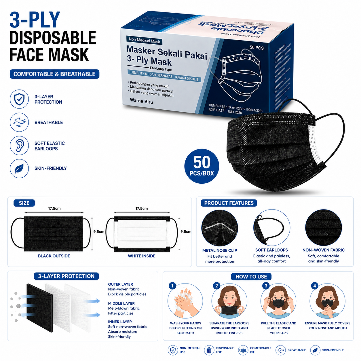 Black Disposable Face Masks 50 Pack, 3-Layer Breathable Earloop Masks for Adults, Soft Non-Woven Face Covering, Black