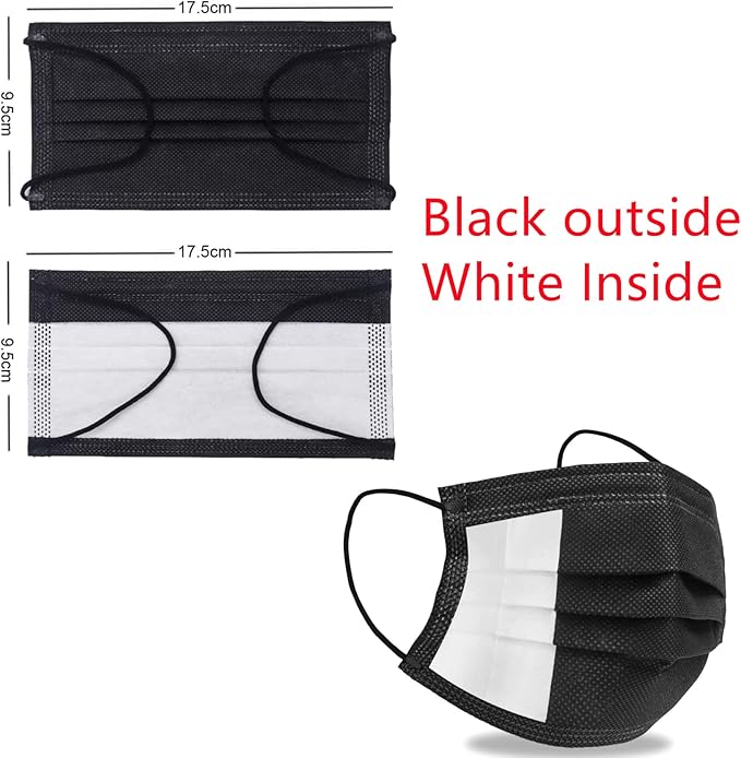 Black Disposable Face Masks 50 Pack, 3-Layer Breathable Earloop Masks for Adults, Soft Non-Woven Face Covering, Black