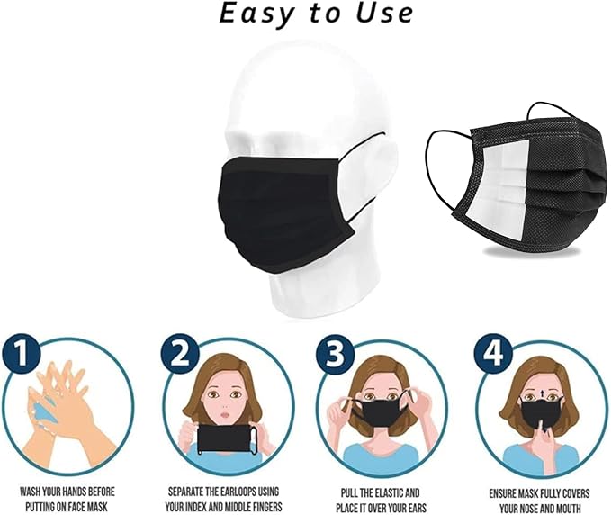 Black Disposable Face Masks 50 Pack, 3-Layer Breathable Earloop Masks for Adults, Soft Non-Woven Face Covering, Black