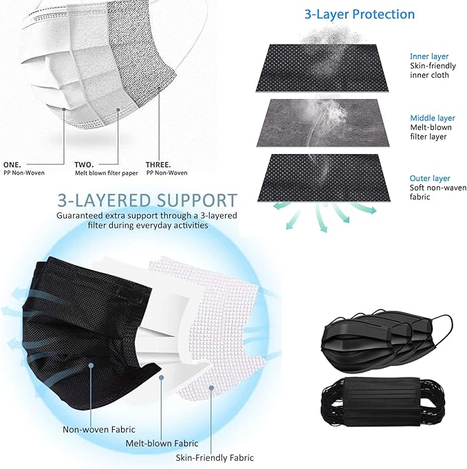 Black Disposable Face Masks 50 Pack, 3-Layer Breathable Earloop Masks for Adults, Soft Non-Woven Face Covering, Black