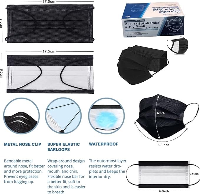 Black Disposable Face Masks 50 Pack, 3-Layer Breathable Earloop Masks for Adults, Soft Non-Woven Face Covering, Black