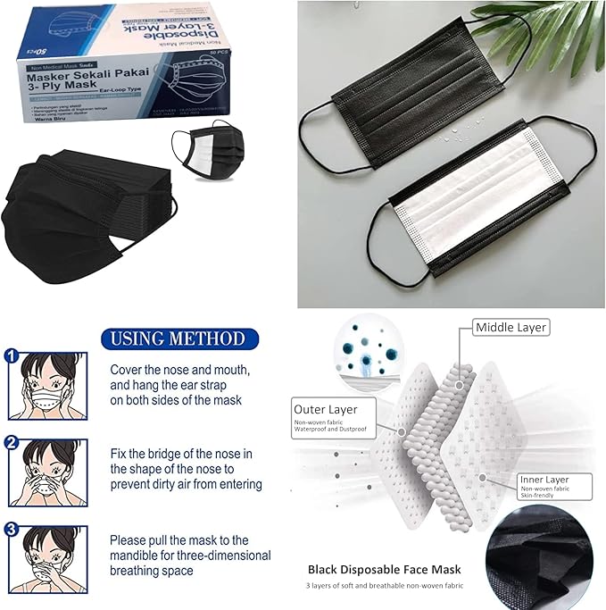 Black Disposable Face Masks 50 Pack, 3-Layer Breathable Earloop Masks for Adults, Soft Non-Woven Face Covering, Black