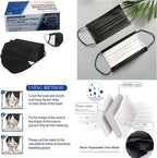 Black Disposable Face Masks 50 Pack, 3-Layer Breathable Earloop Masks for Adults, Soft Non-Woven Face Covering, Black