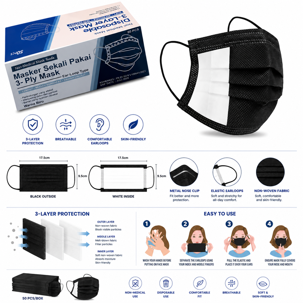 Black Disposable Face Masks 50 Pack, 3-Layer Breathable Earloop Masks for Adults, Soft Non-Woven Face Covering, Black
